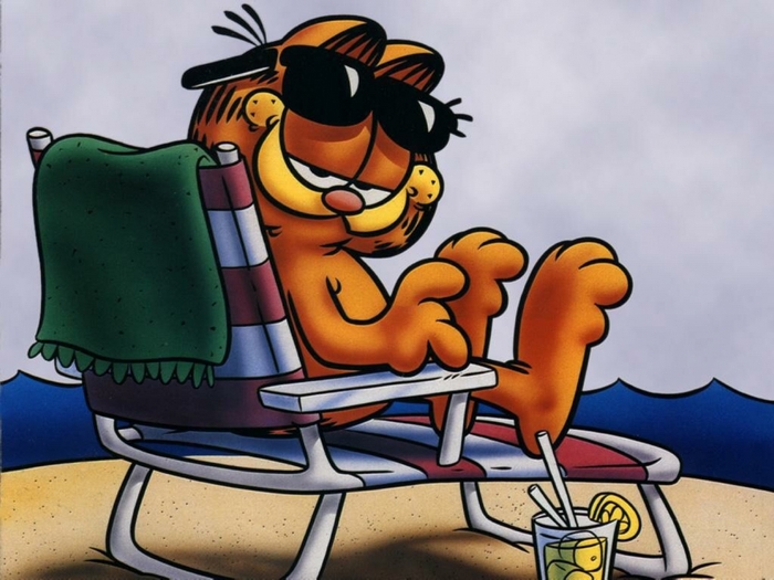 Garfield relaxing on a beach chair