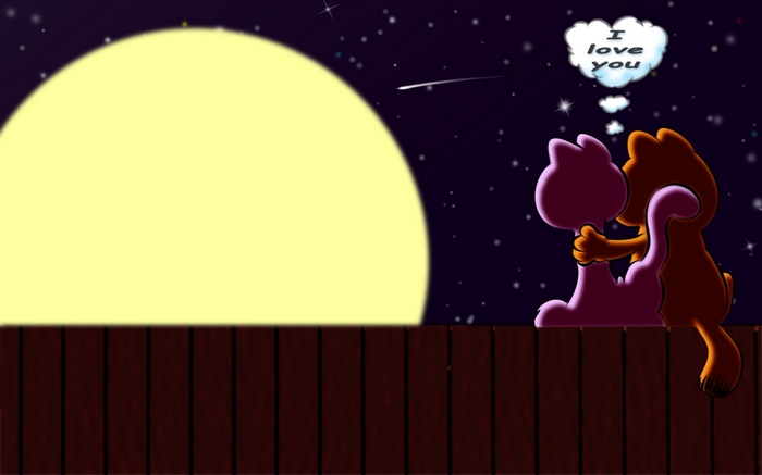 Two cartoon cats on a fence under the moon