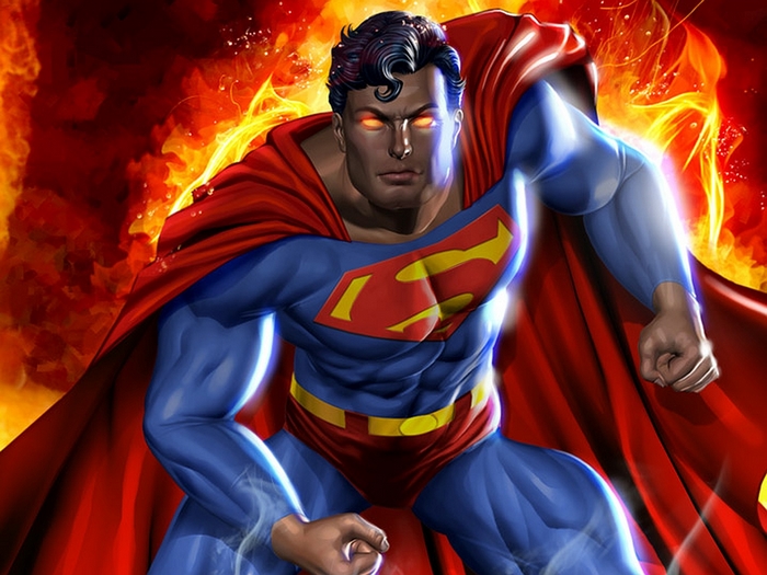 Superman with glowing eyes and red cape