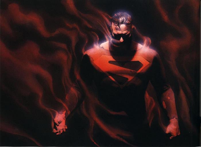Superman surrounded by red smoke
