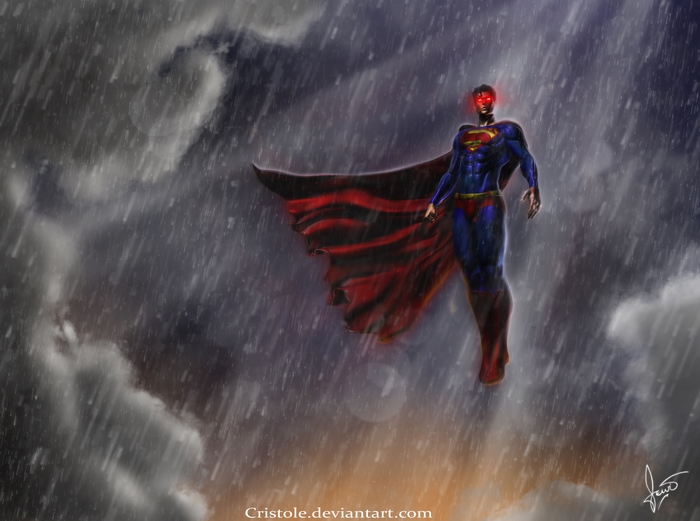 Superman flying in a stormy sky
