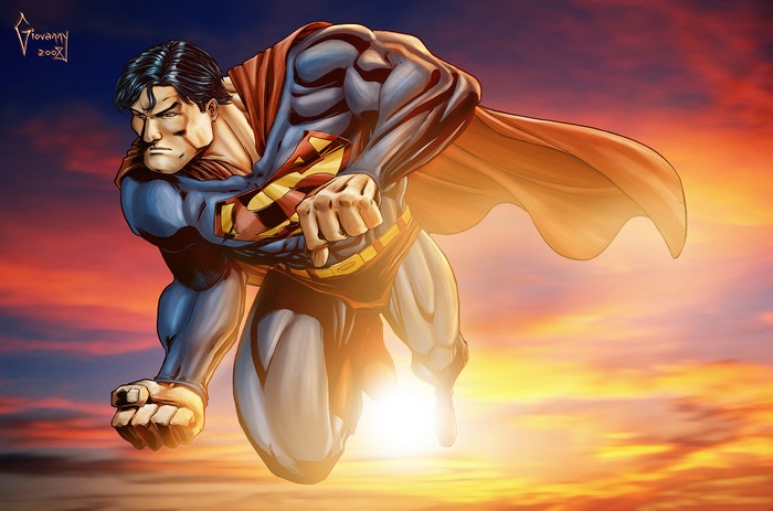 Superman flying during sunset