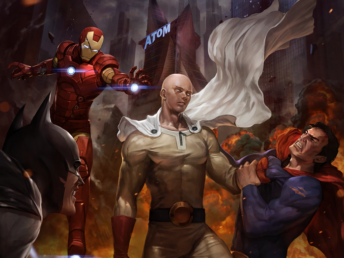 Superman, Batman, Iron Man, Saitama, and Atom Building
