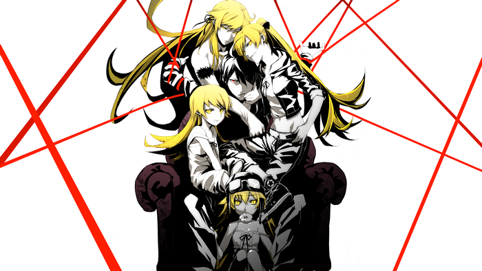 Shinobu Oshino and friends on a couch