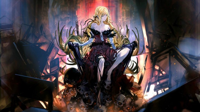 Shinobu Oshino sitting on a throne of skulls