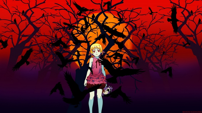 Shinobu Oshino surrounded by crows