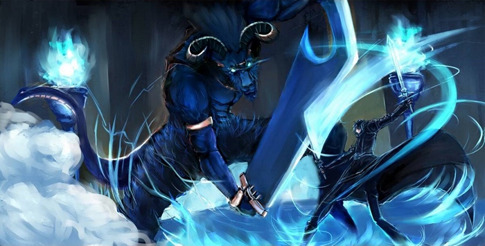 Kirito fighting a blue demon beast