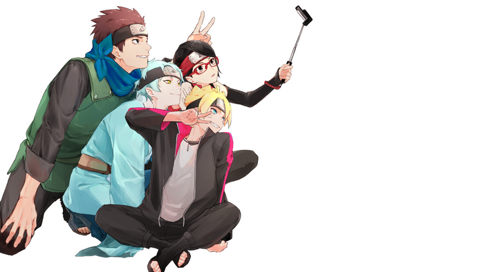 Boruto, Sarada, Mitsuki, and Inojin from Boruto: Naruto Next Generations taking a selfie