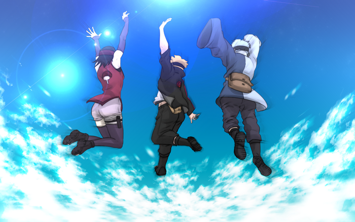 Sakura, Naruto, and Sasuke jumping in the sky