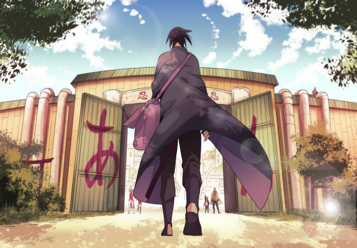Sasuke Uchiha walking towards Konoha gates