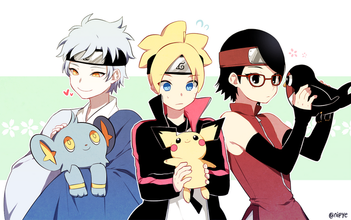 Mitsuki, Boruto, and Sarada with Pokémon