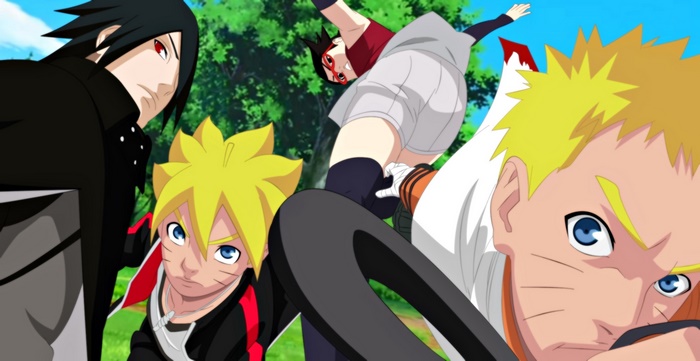 Sasuke, Boruto, Sarada, and Naruto from Boruto