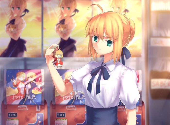 Saber from Fate Series holding a keychain