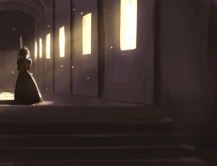 Saber from Fate Series in a Hallway