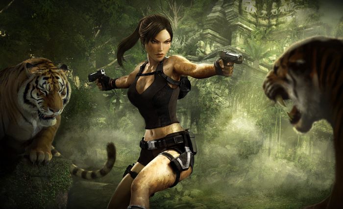 Lara Croft fighting tigers in a jungle temple