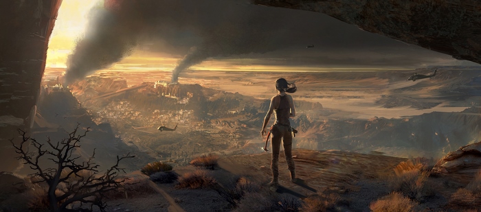 Lara Croft overlooking a burning city