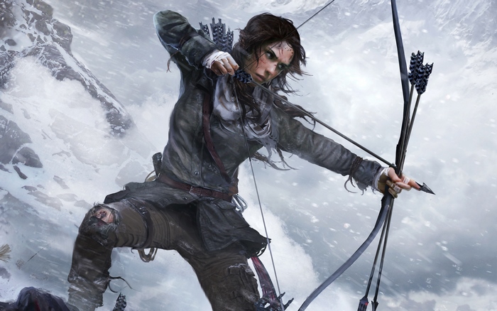 Lara Croft drawing a bow in a snowy mountain