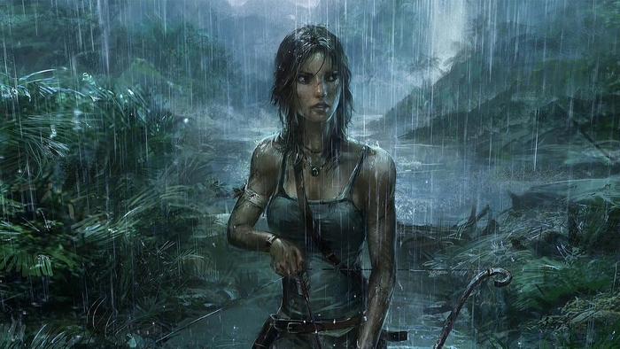 Lara Croft in the rain with a bow