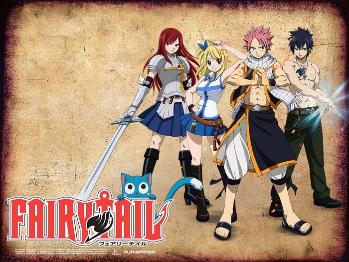 Fairy Tail characters Erza Scarlet, Lucy Heartfilia, Natsu Dragneel, Gray Fullbuster