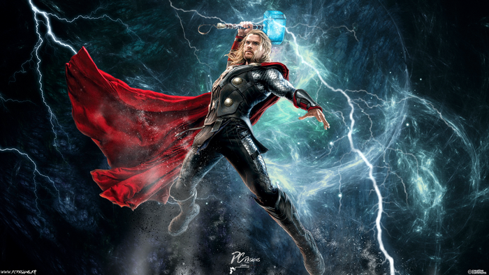 Thor from Marvel Comics with Mjolnir and Lightning