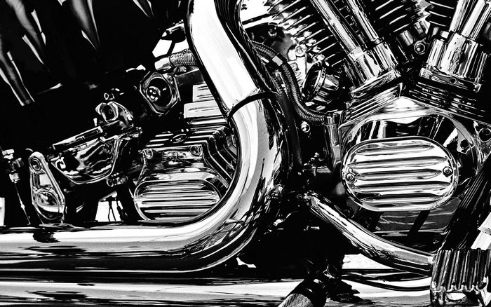 Close-up of a chrome motorcycle engine