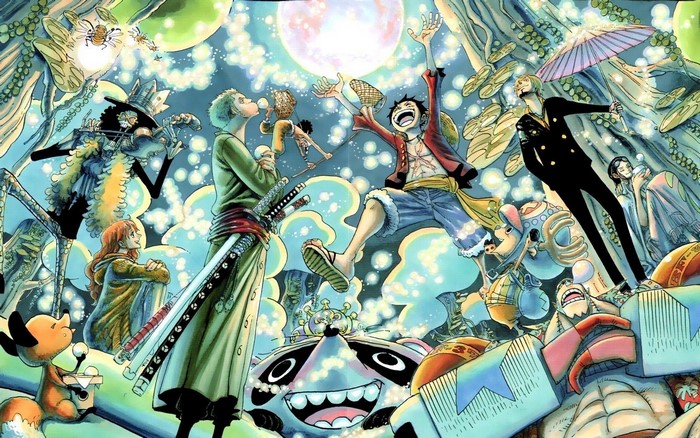 One Piece characters in a fantastical forest