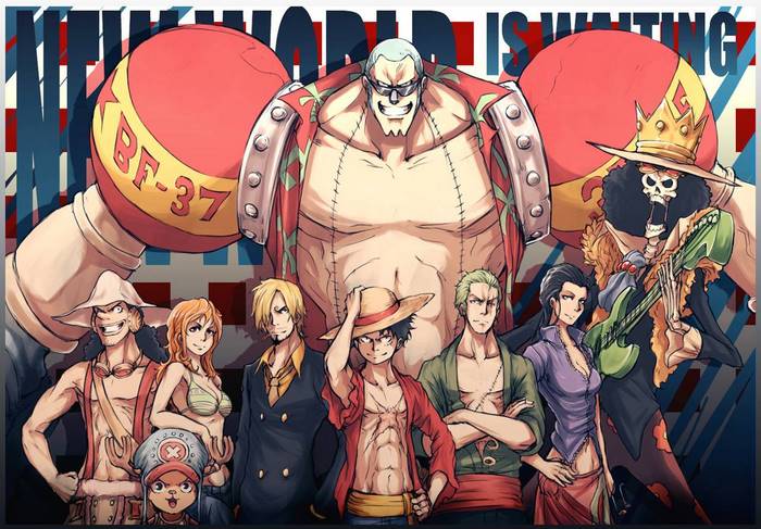 One Piece characters with a large muscular man