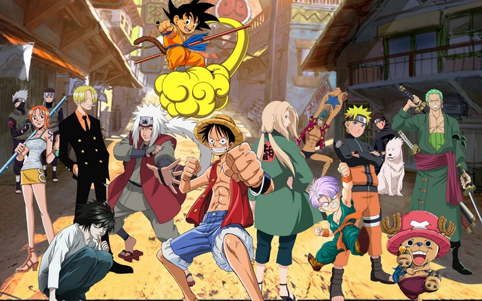 Anime characters from Dragon Ball, Naruto, One Piece, and Bleach