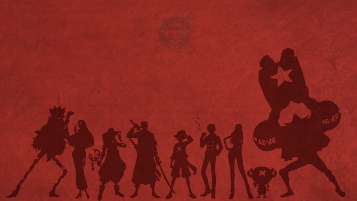 One Piece characters silhouette on red background