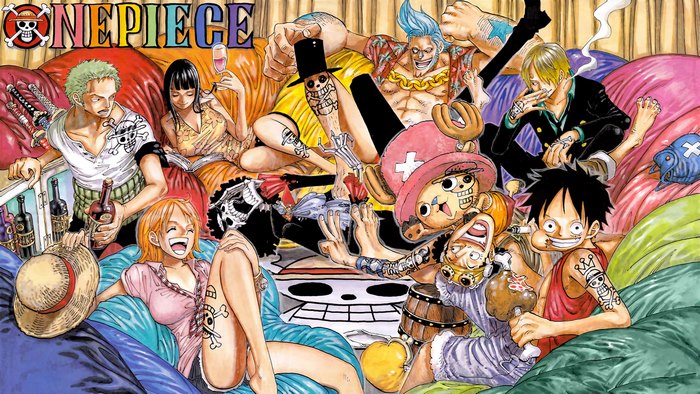 One Piece characters relaxing on beanbags