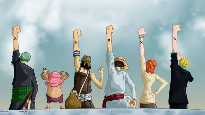 One Piece characters raising fists with X marks
