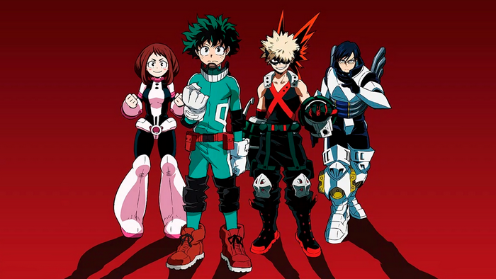 My Hero Academia characters Ochaco Uraraka, Izuku Midoriya, Katsuki Bakugo, and Tenya Iida