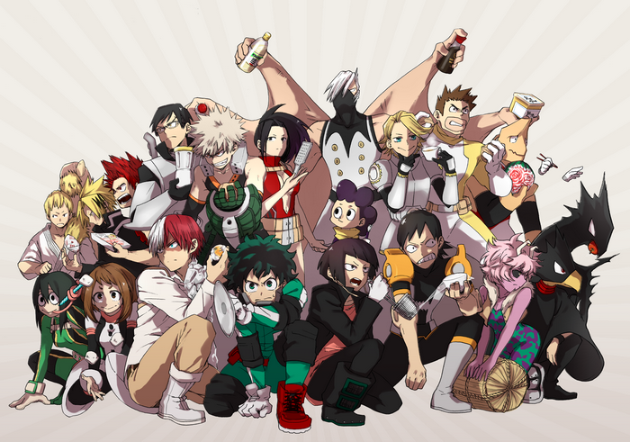 My Hero Academia characters posing with food and drinks