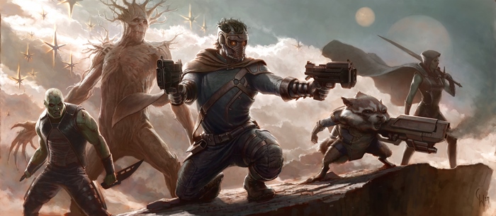 Guardians of the Galaxy characters on a rocky outcrop