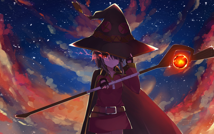Megumin from KonoSuba with a staff