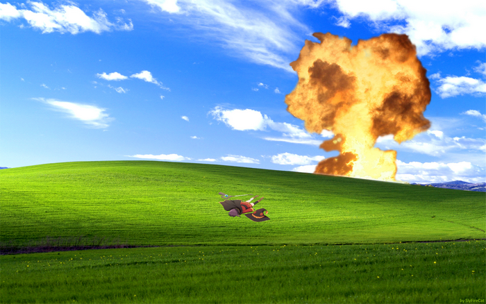 Megumin from KonoSuba flying over a grassy field with an explosion