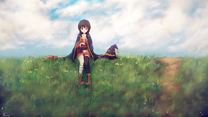 Megumin from KonoSuba sitting in a field