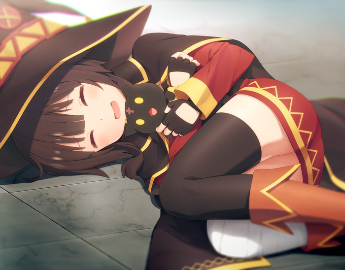 Megumin from KonoSuba sleeping with a plush toy
