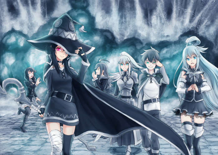 Megumin and friends from KonoSuba in front of a waterfall