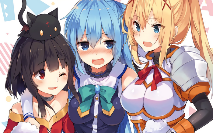 Megumin, Aqua, and Darkness from KonoSuba