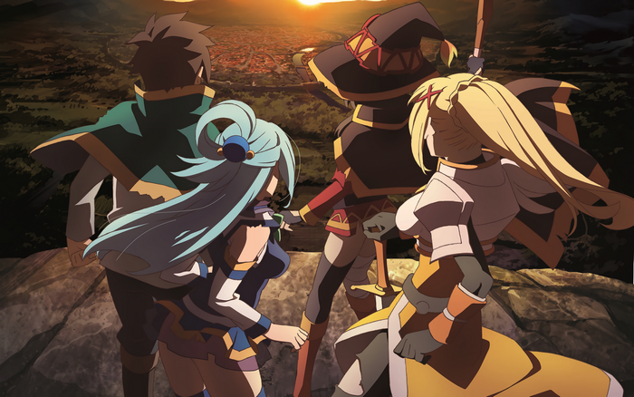 Aqua, Megumin, Darkness, and Kazuma from KonoSuba