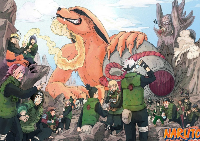 Naruto and friends facing the Nine-Tails