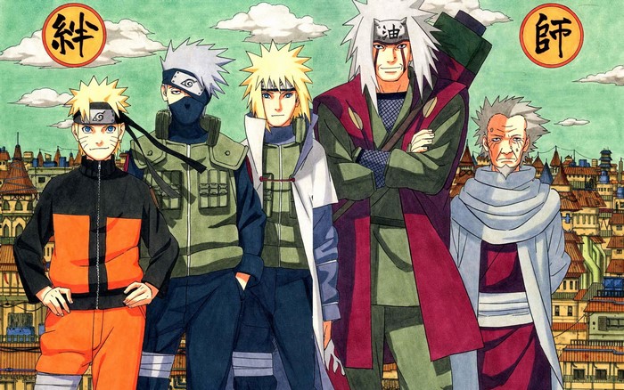 Naruto, Kakashi, Minato, Jiraiya, and Hiruzen from Naruto