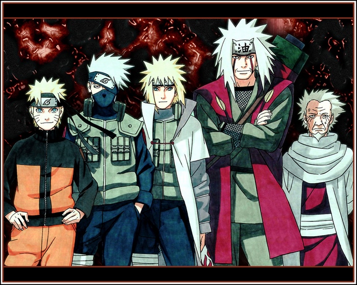 Naruto, Kakashi, Minato, Jiraiya, and Hiruzen from Naruto