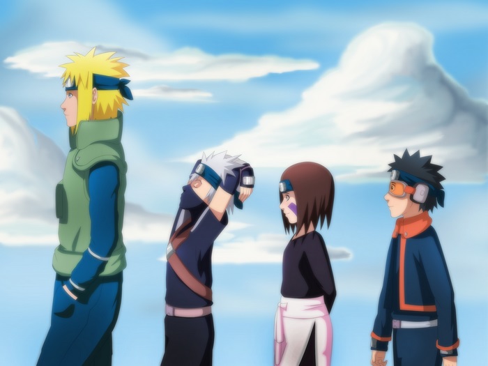 Minato Namikaze, Kakashi Hatake, Rin Nohara, and Obito Uchiha