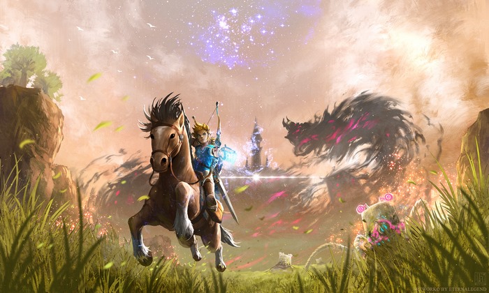 Link from The Legend of Zelda on horseback fighting a monster