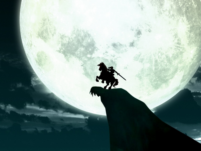 Link on horseback silhouetted against a large moon