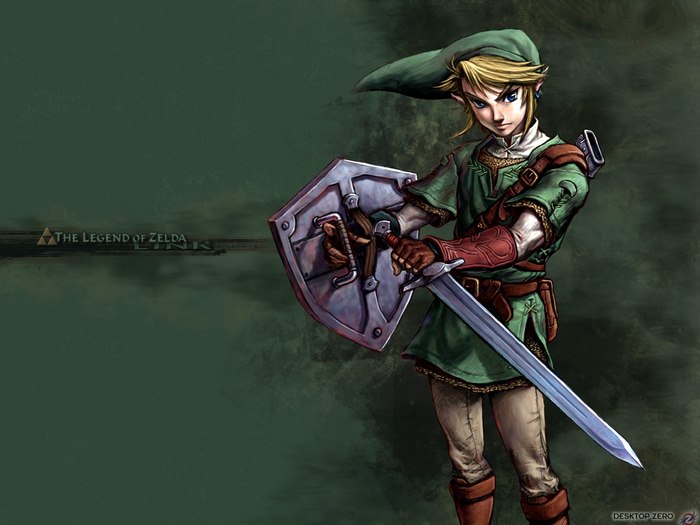 Link from The Legend of Zelda holding sword and shield