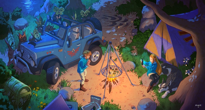Link and Zelda camping with Koroks and Wolf Link