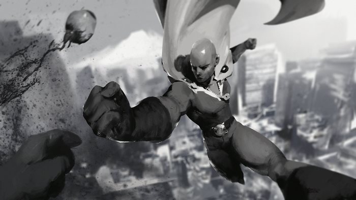 Saitama from One-Punch Man in action